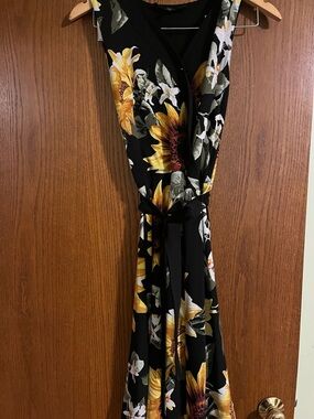 White House Black Market Black Floral Wrap Dress with Yellow Sunflowers